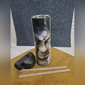 NEW skinny travel tumbler Buddha Face, Stainless Steel Water Bottle 16oz. (C30)